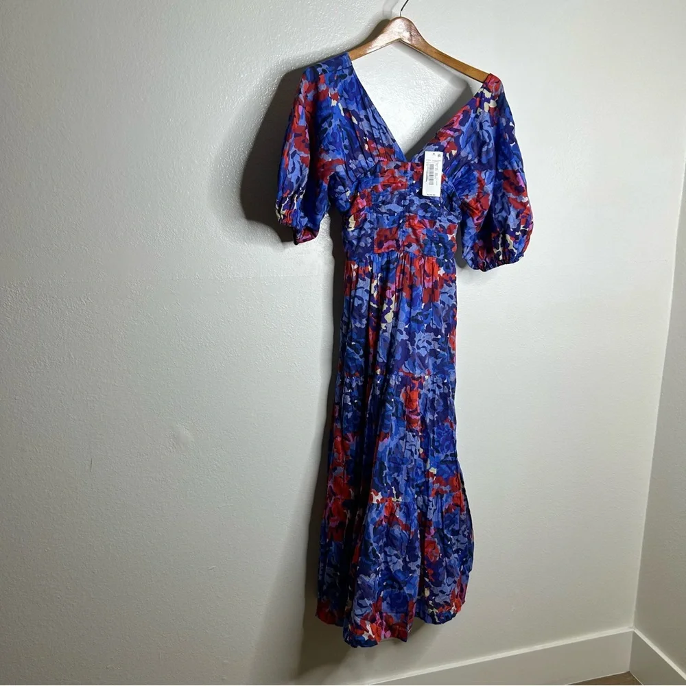 NWT Ro's Garden 100% Cotton Blue Red Floral Puff Sleeve Nieves Maxi Dress Small